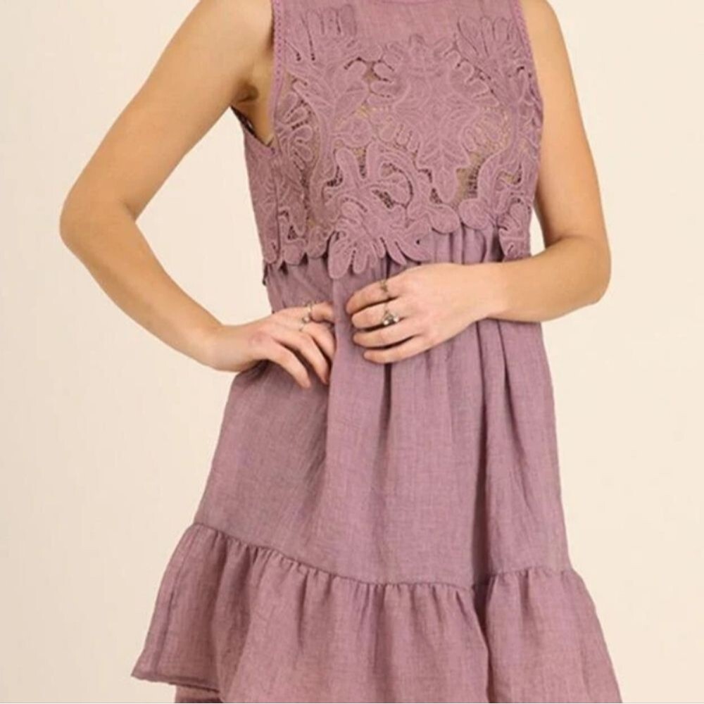 Umgee Lilac BabyDoll Dress w/Ruffle Hem Lace Boho LARGE